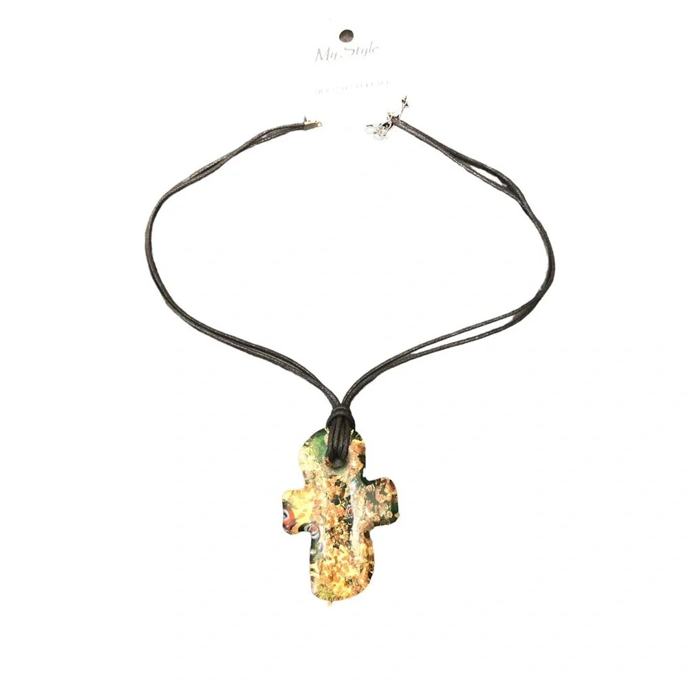 Murano Cross Pendant Necklace with Black Chord Woen's Gold/Green